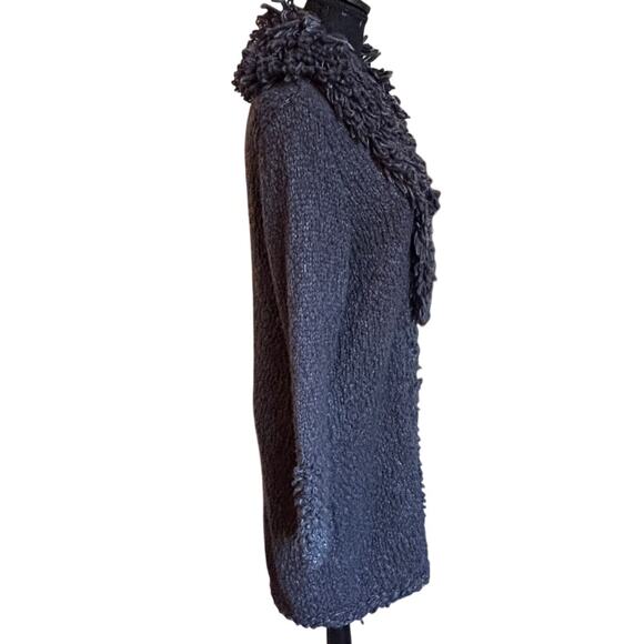 Chico's Duster Cardigan Women's Medium Size 1 Black Gray Knit Fringe Clasp Close - Picture 4 of 14